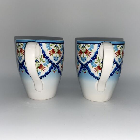 222 Fifth Tunisia Porcelain Floral Blue Coffee Cup Mug Set of 2 - Picture 4 of 10
